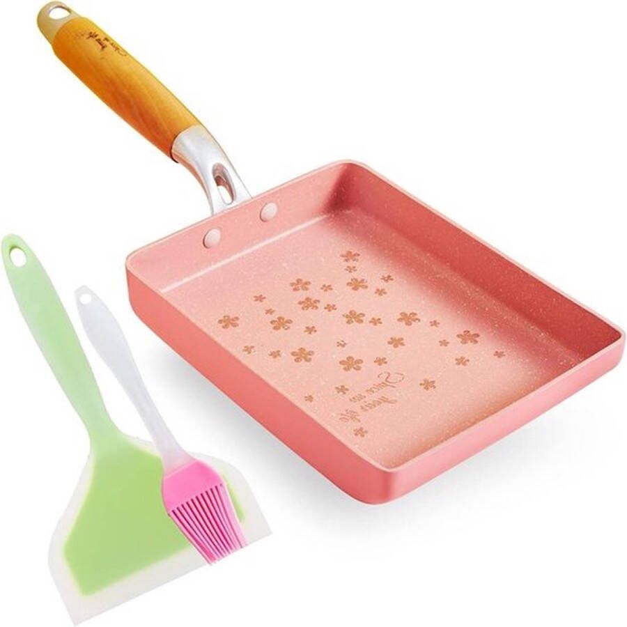 PolkaHome Omeletpan anti-aanbaklaag rechthoekig Tamagoyaki eierpan klein formaat roze