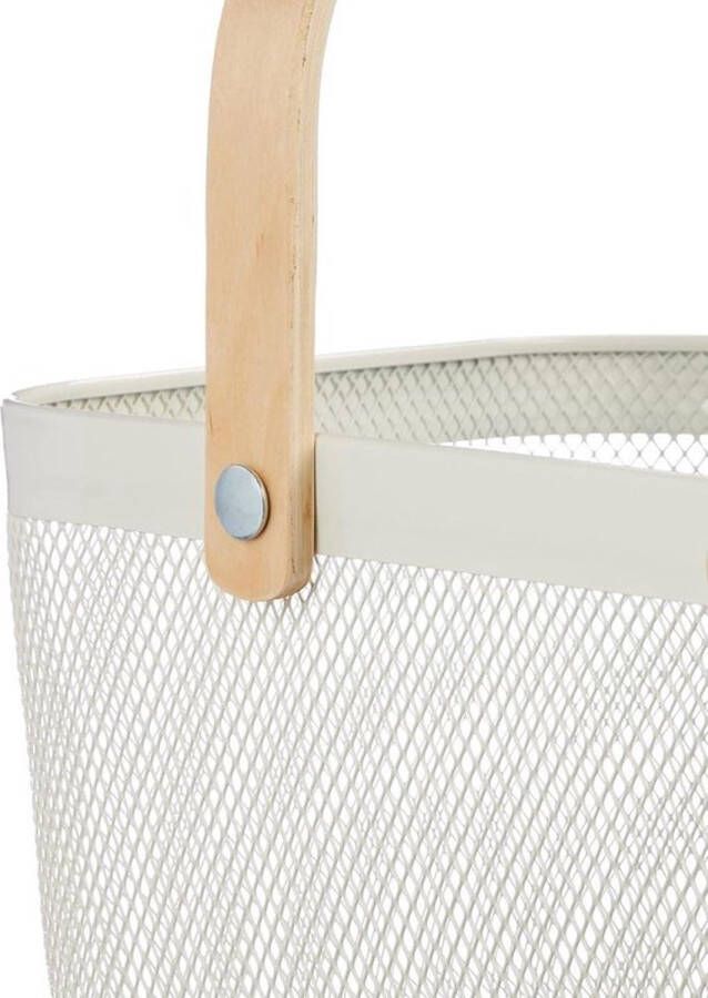 PolkaHome Opbergmand draadmand metalen met houten handvaten rechthoekig badkamermand gaas modern wit