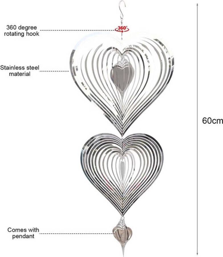 PolkaHome Outdoor Metalen Wind Spinner 3D Hart Windgong voor Tuin Hangende Spiegel Roestvrij Staal Wind Sculptur Spinner Wind Catchers Ambachten Ornamenten Zilver-3H