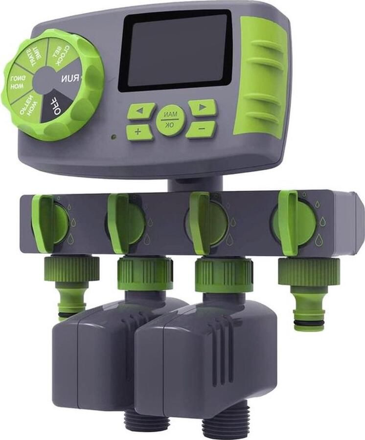 PolkaHome 4 uitgangen besproeiingscomputer watertimer met 4-weg waterverdeler tuinirrigatie klok met magneetkleppen irrigatiesysteem groen