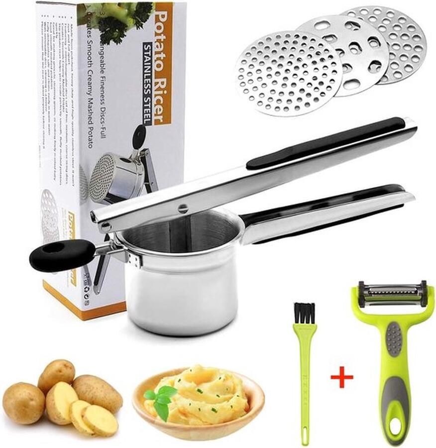 PolkaHome Aardappelpers van roestvrij staal 6-delige set professionele spätzlechef met 3 gatschijven schil kwast persricer voor aardappelpuree fruitsappen groentepap en puree
