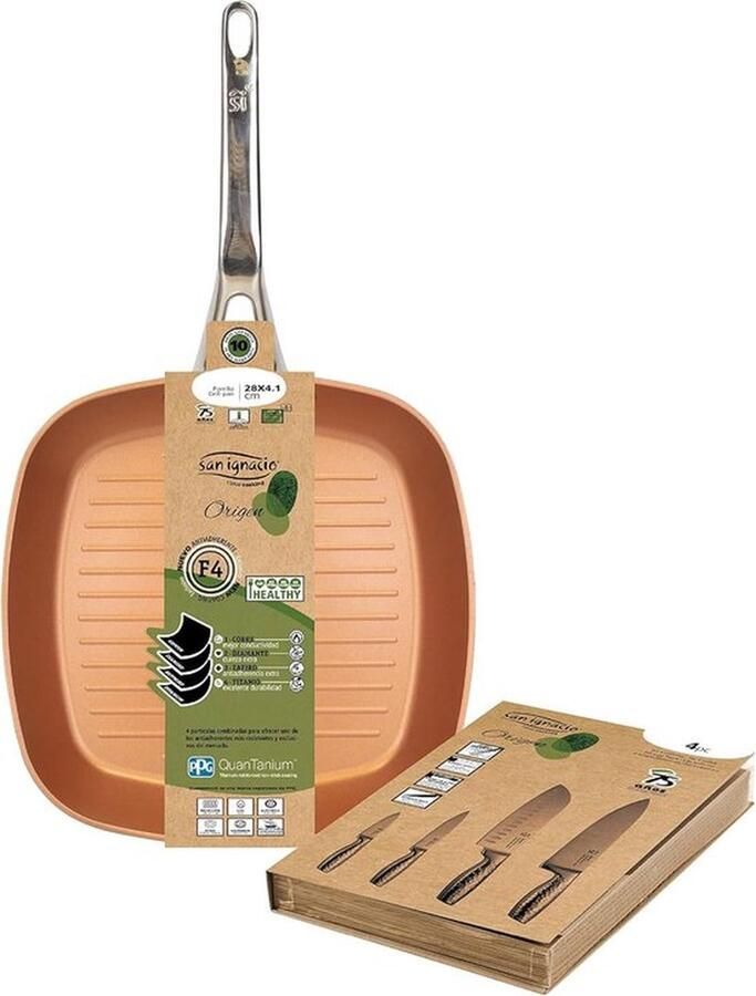 PolkaHome Antiaanbakpan herkomst 5-delige set grillpan 28 cm roestvrijstalen messen gesmeed aluminium alle warmtebronnen