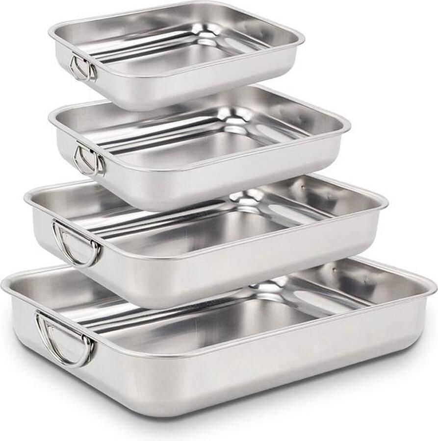 PolkaHome Bakplaatset 4-delig roestvrij staal ovenschaal rechthoekig kleine bakvorm met inklapbare handgrepen roestvrij 40 cm + 35 cm + 30 cm + 25 cm vaatwasmachinebestendig