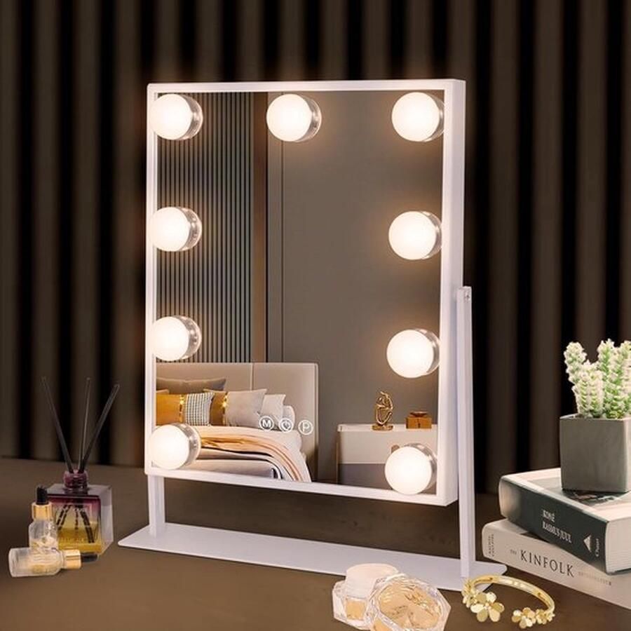 PolkaHome Bluetooth Make-upspiegel met verlichting en draadloos oplaadstation Hollywood Spiegel met 3 kleuren licht & 9 dimbare led lampen 360 graden rotatie en make-up spiegel met verlichting