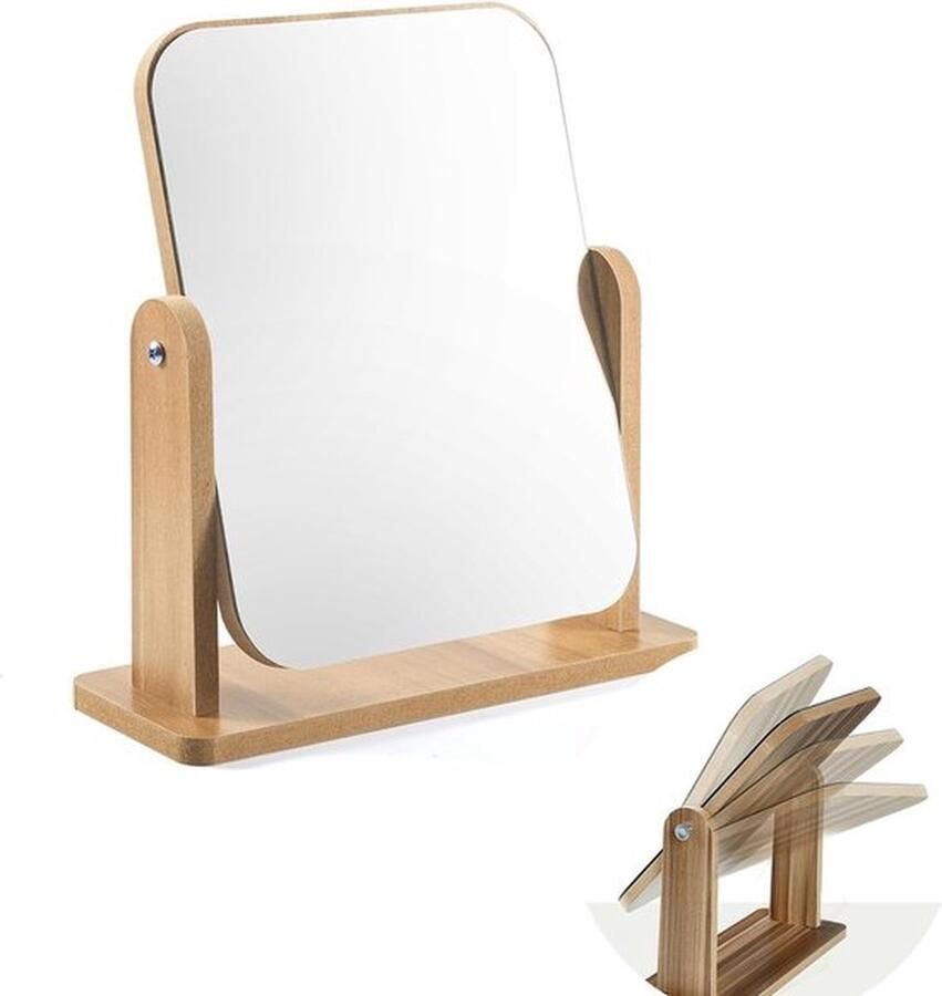 PolkaHome Cosmetische spiegel 360 graden draaibare make-upspiegel staande spiegel tafelspiegel hoge heldere spiegel voor kaptafel grote houten bureauspiegel voor bureau badkamer slaapkamer (22 x 17 cm)