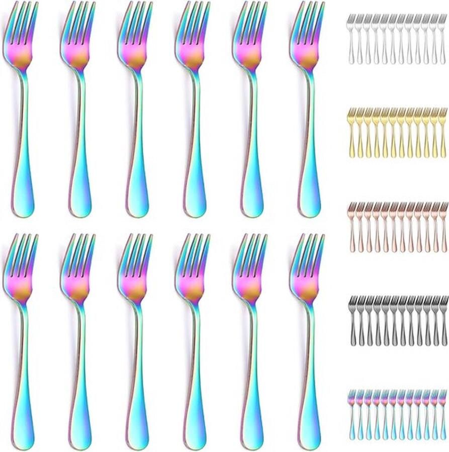PolkaHome Dessertvorken 12 stuks regenboog titanium coating roestvrij staal fruitvorken mini-taartvorken voorgerechten vorken voor thuis bruiloft feest café restaurant