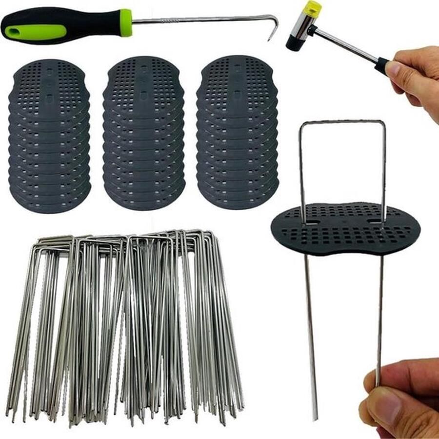 PolkaHome Grondankers voor onkruiddoek haringen van staal met haakopener set van 50 grondankers en 50 bufferschijven 150 x 40 mm Ø 25 mm