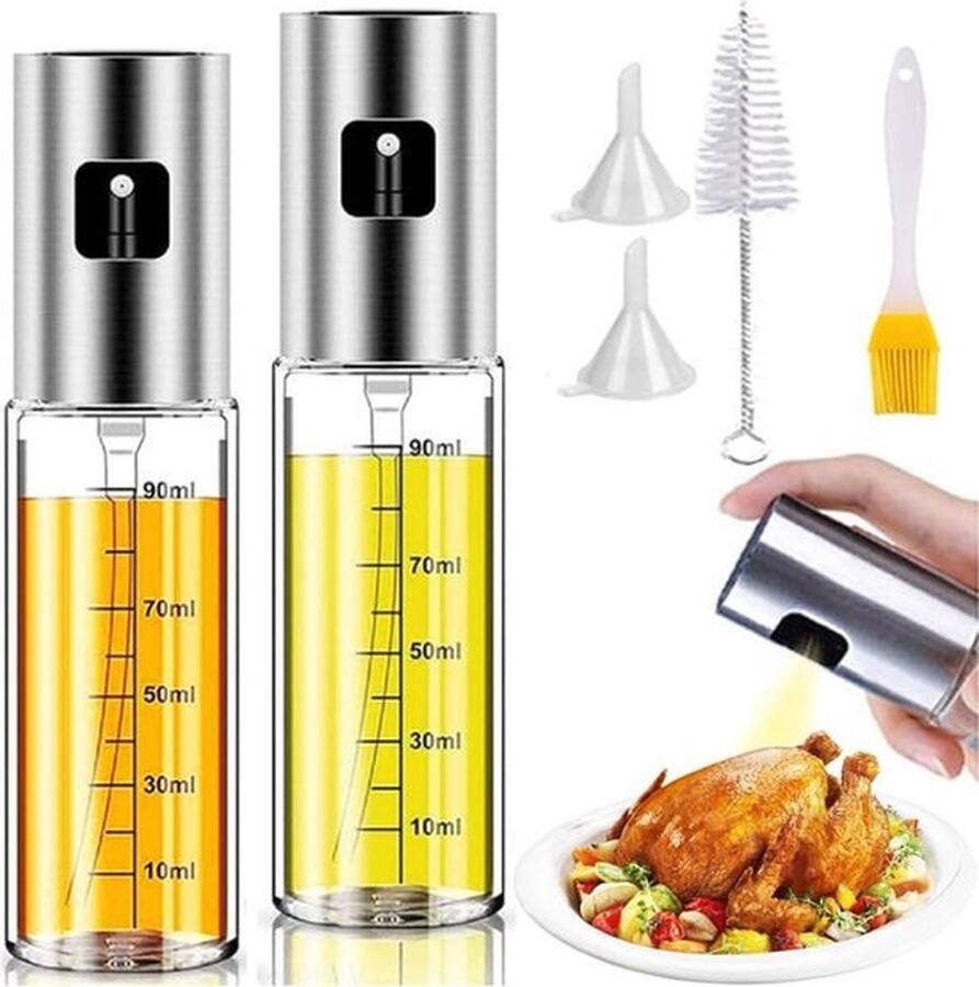 PolkaHome Handleiding met 2 oliespuiten oliespuitfles 100 ml roestvrijstalen olieverstuiver glazen oliedispenser met buisborstel en trechter spuitfles voor bakolie met duidelijke schaalverdeling glazen fles voor