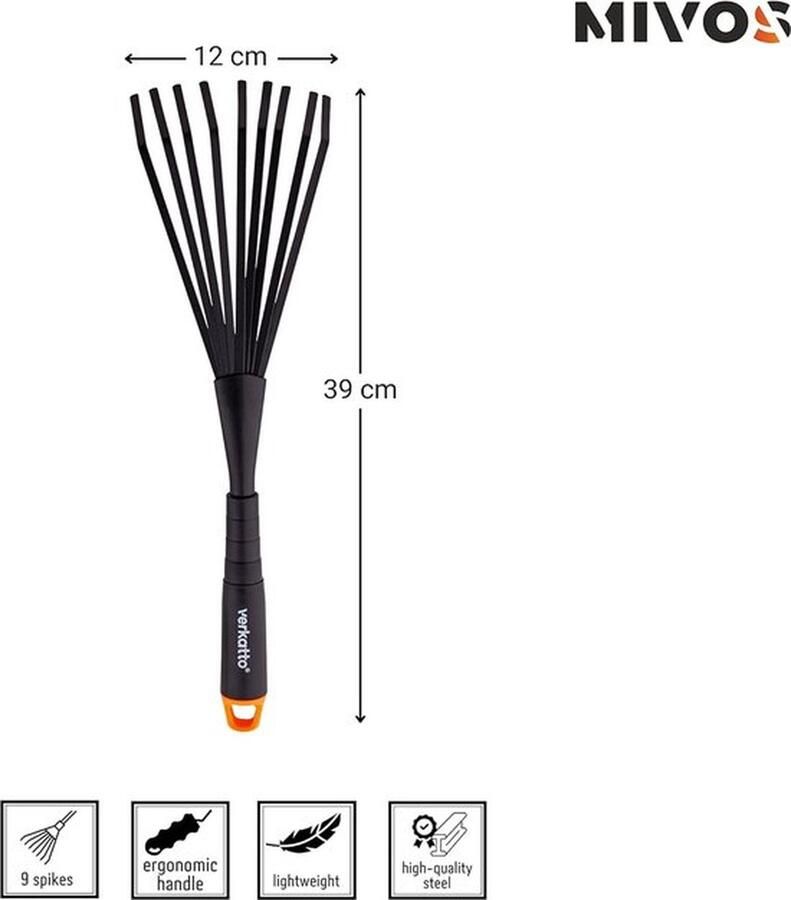 PolkaHome Handventilatorbezem van staal met 9 elastische tanden bladbezem voor de tuin handhark voor bladeren onkruid grasmaaisel kleine waaierbezem voor reiniging werkbreedte 12 cm