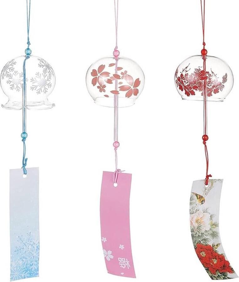PolkaHome Japanse Windgong Roze Kers Glas Wind Bells Handgemaakte Hangers voor Verjaardagscadeau Set van 3
