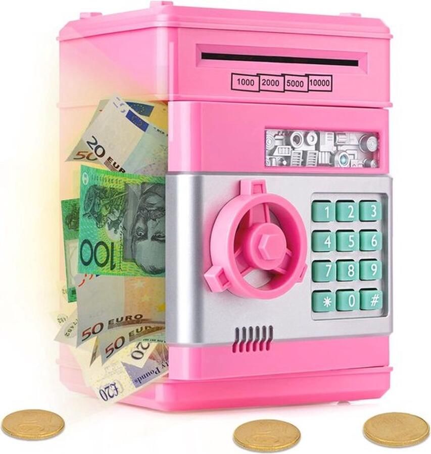 PolkaHome Kluis Spaarpot Met code Elektrische spaarpot Roze Spaarpot voor jongens en meisjes Geschikt voor Euromunten en biljetten Geldautomaat