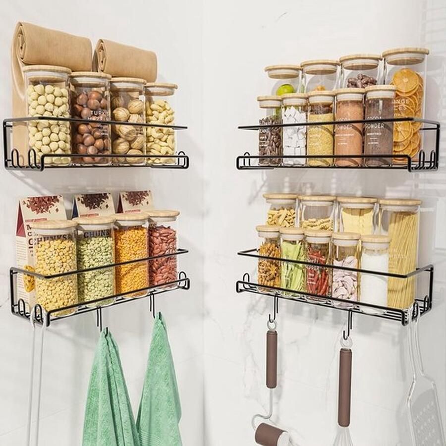 PolkaHome Kruidenrek aan de wand 4-delig metalen kruidenrek voor 2 rijen glazen 2 maten kruidenrek zonder boren klevend met haken kruidenrek kastdeur kruidenrek voor keuken badkamer