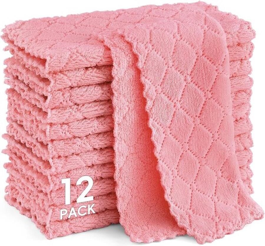 PolkaHome Poetsdoeken microvezeldoeken wasbare poetsdoeken microvezel zacht pluisvrij theedoeken keukendoeken 12 stuks 25 x 25 cm roze