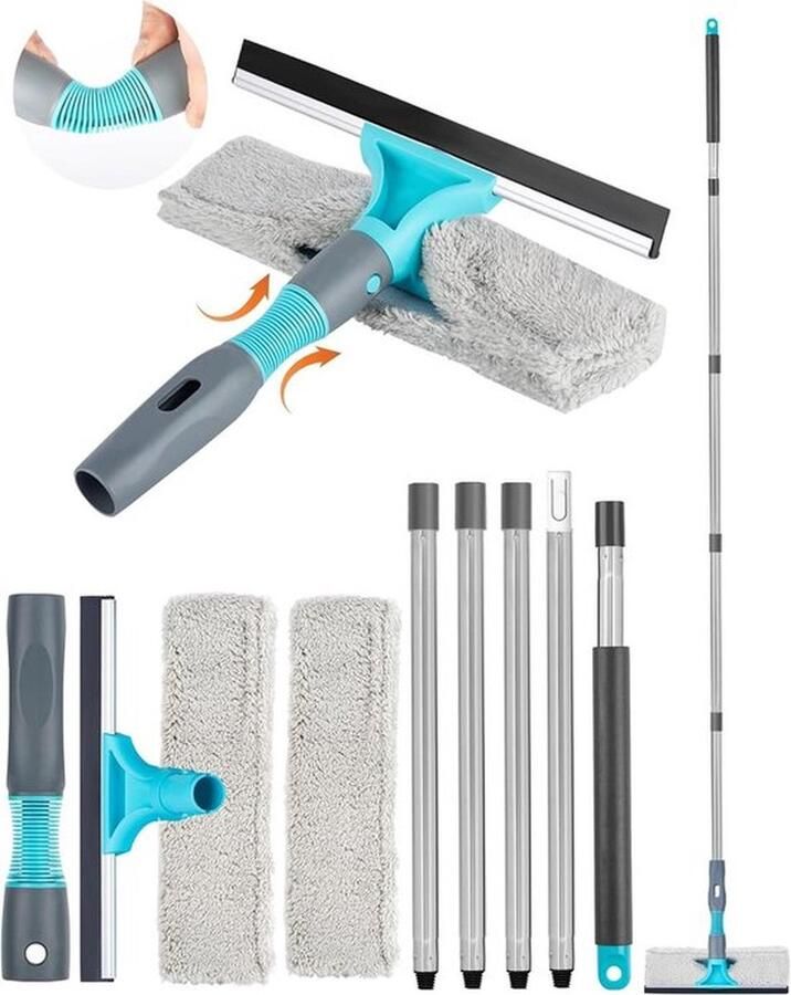 PolkaHome Raamreiniger 2-in-1 telescoopsteel 200 cm Roestvrijstalen raamwisser Demonteerbaar 2 microvezeldoeken Hoge ramen binnen en buiten ramenwasser telescopische