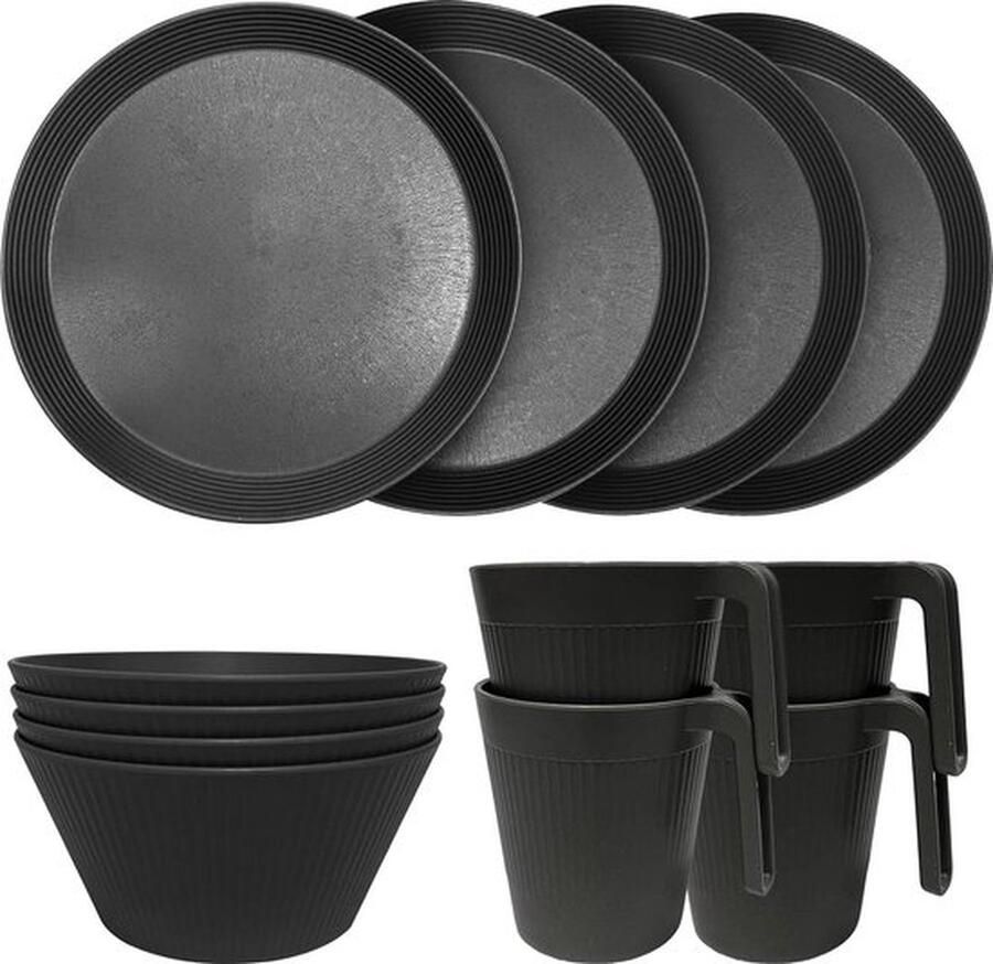 PolkaHome Serviesset van kunststof lichte en onbreekbare complete set bordenset kommen kopjes picknickservies voor 4 personen ideaal voor kinderen en volwassenen herbruikbaar 12 stuks zwart
