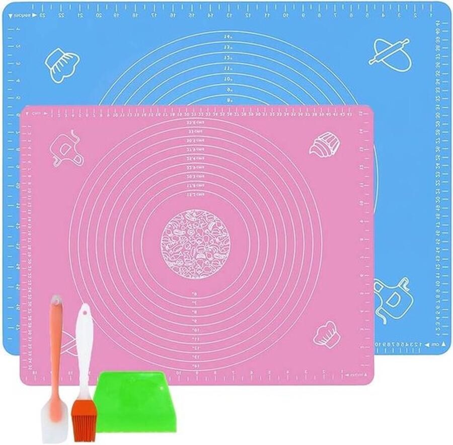 PolkaHome Siliconen bakmat 2 stuks herbruikbaar anti-aanbaklaag fondantmat deegkneden mat met schraper barbecueborstel spatels blauw 70 x 50 cm
