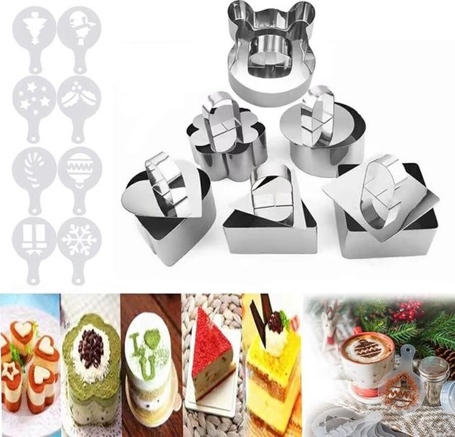 PolkaHome Taartring 6 stuks dessertringen voor dessert gebak mousse cakevorm verschillende maten en vormen verdikt roestvrij staal taartring vorm met 8 sjablonen