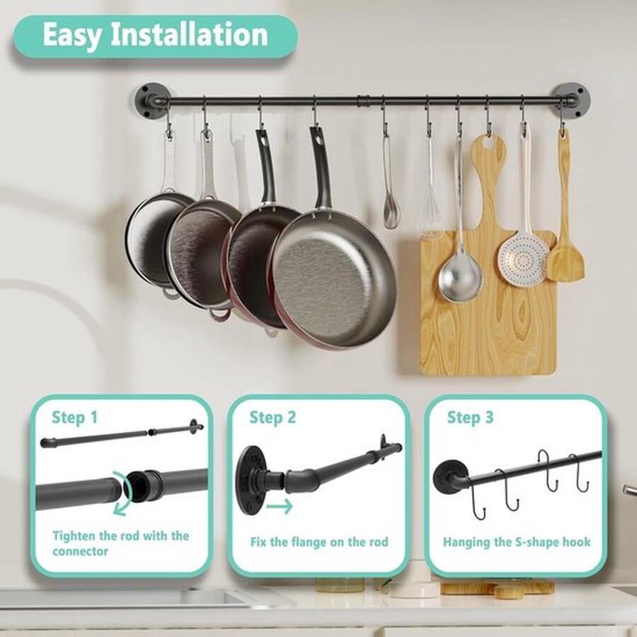 PolkaHome Wandgemonteerd pannenrek Pannenorganizer Hangpotten Keukenrek met 15 haken Zwart