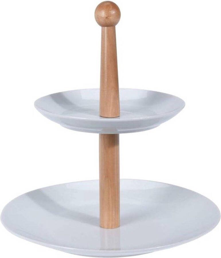PolkaHome Porselein wit etagère met 2 etages van keramiek en hout voor fruit serveerschaal