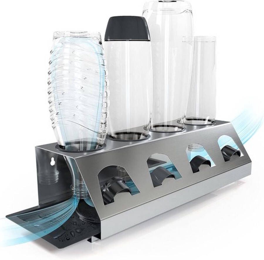 PolkaHome Premium afdruiphouder van roestvrij staal met lekbak voor flessen van SodaStream Emil Crystal Easy Power vaatwasmachinebestendig afdruiprek inclusief dekselhouder Roestvrij staal