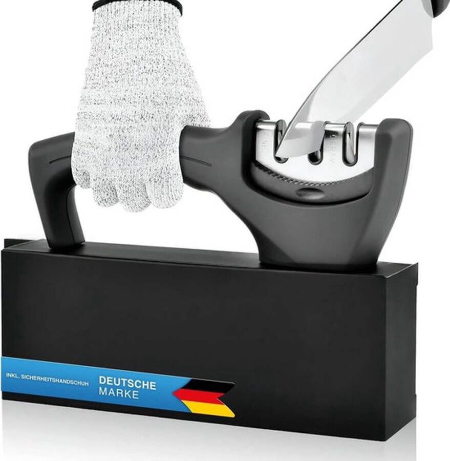 PolkaHome Professionele Messenslijper Handmatige Messenslijper 3-traps Rollenslijper voor alle soorten messen; perfect resultaat dankzij diamantstof; met gratis veiligheidshandschoen (Zwart)