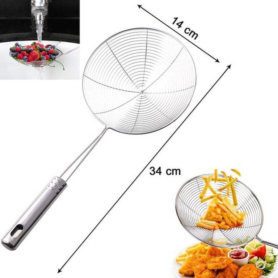 PolkaHome Roestvrijstalen gleuflepel roestvrijstalen spinnenweblepel zeef professioneel voor water of olie metalen schuimspaan voor koken handgreep met hoge hittebestendigheid 14 cm