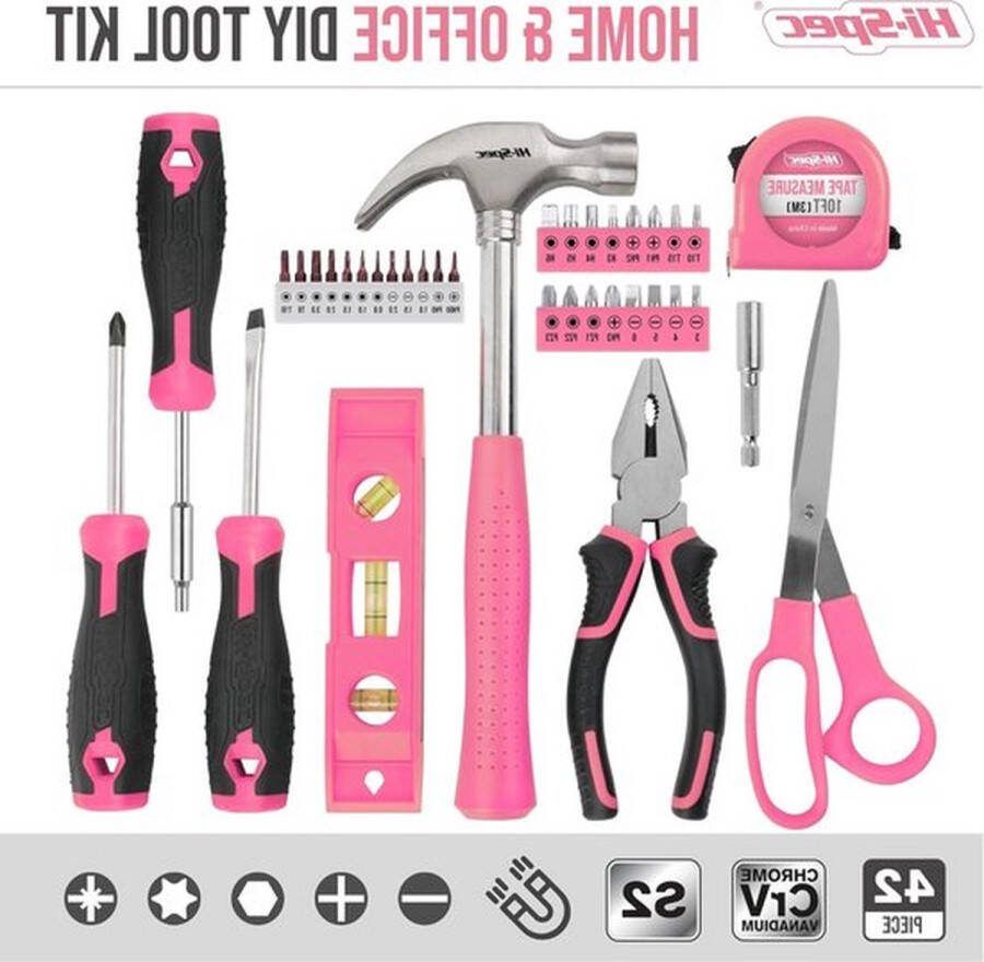 PolkaHome Roze Gereedschapsset 42-Delig in Koffer met Karabijnhaak Sleutelhanger & Mini Flesopener Handgereedschap voor Doe-het-zelf Reparaties