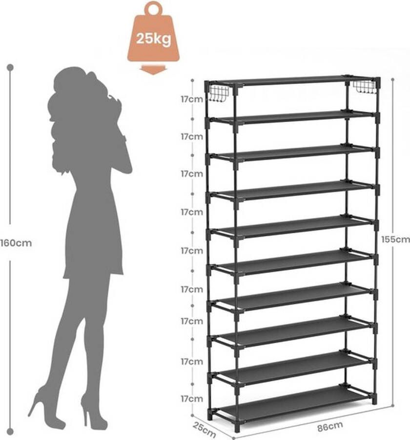 PolkaHome Schoenenrek 10 niveaus opbergsysteem metalen schoenenkast voor 50 paar schoenenorganizer 155 cm hoog schoenenopslag ruimtebesparend zwart voor hal woonkamer entree
