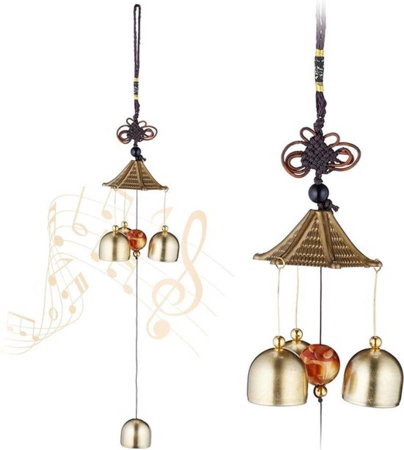 PolkaHome Set van 2 metalen windgongen hangend feng shui goud zwart voor binnen en buiten