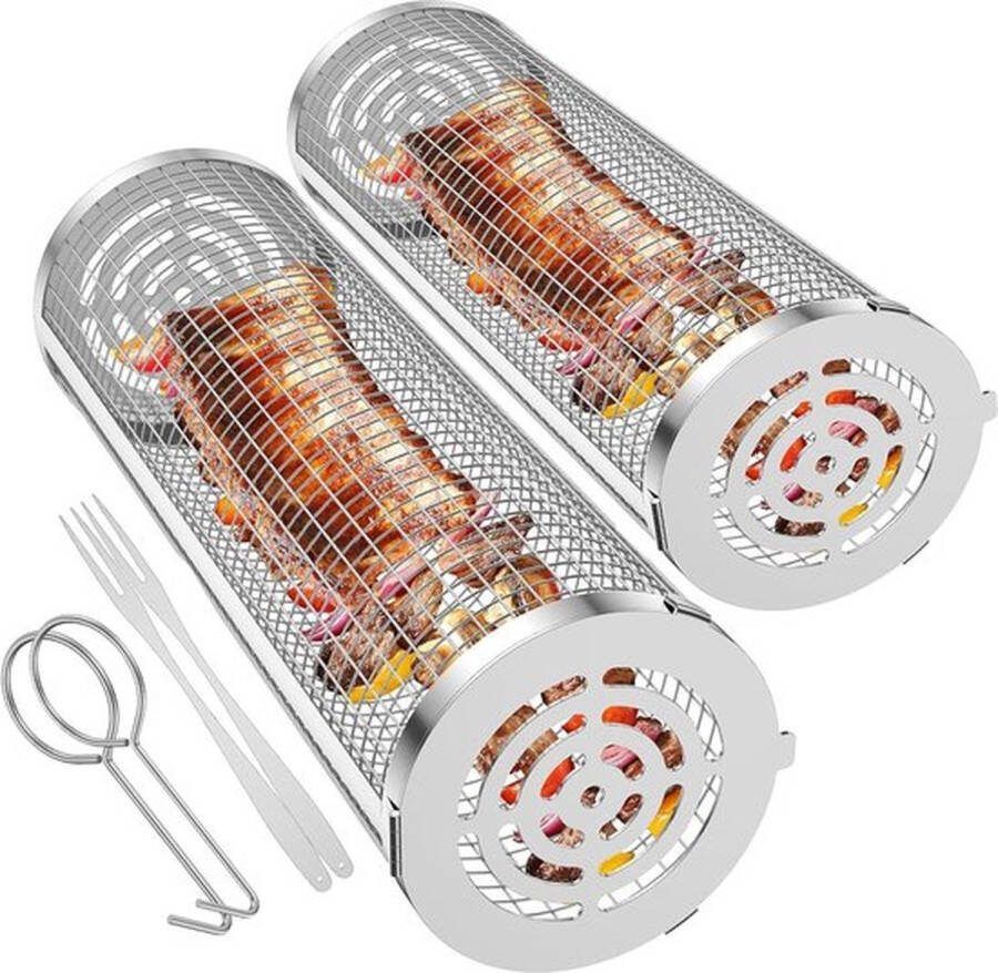 PolkaHome Set van 2 rollende grillmanden upgrade cilindrische grillmand roestvrijstalen rollende grillmand zonder vork grillrek grill kookaccessoires voor buitengrill groenten vis vlees