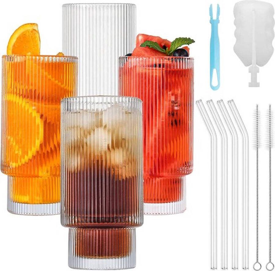 PolkaHome Set van 4 cocktailglazen met glazen rietje 350 ml 11 8 oz longdrinkglazen voor cocktails whisky bier ijskoffie frisdrank sappen (geribbeld)