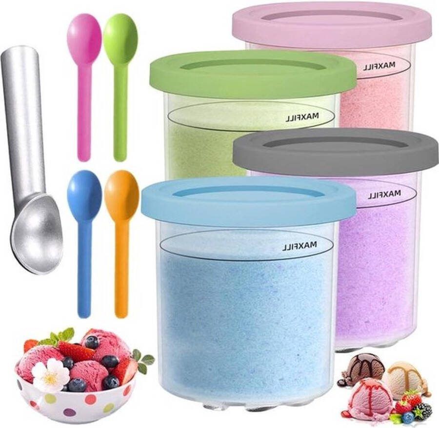 PolkaHome Set van 4 herbruikbare ijshouders voor Ninja Creami ijsmachine met deksel en lepel gelato sorbets genieten