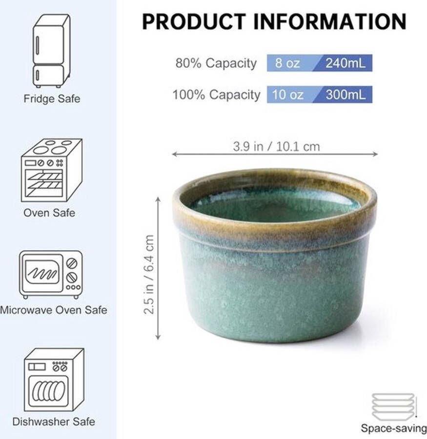 PolkaHome Set van 4 soufflévormen crème brulee kommen taartvorm kleine braadpanschotels mini braadpanschotels geschikt voor oven en magnetron glanzend groen