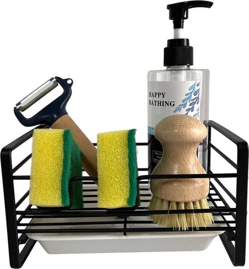 PolkaHome Spoelbakorganizer zwart roestvrij staal sponshouder met afneembare afvoer keukenspoelbak-caddy keukengerei organizer keukenaccessoires