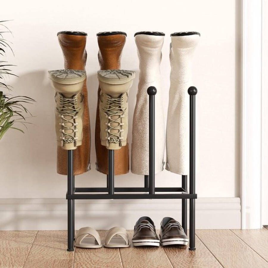 PolkaHome Staand metaal zwart vrijstaand schoenenrek organizer voor 4 paar schoenen voor slaapkamer entree terras outdoor hal