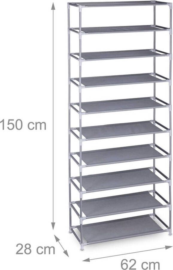 PolkaHome Stapelbaar schoenenrek 10 etages 30 paar schoenen hoge schoenenkast metaal HBD: 150x62x28 cm grijs