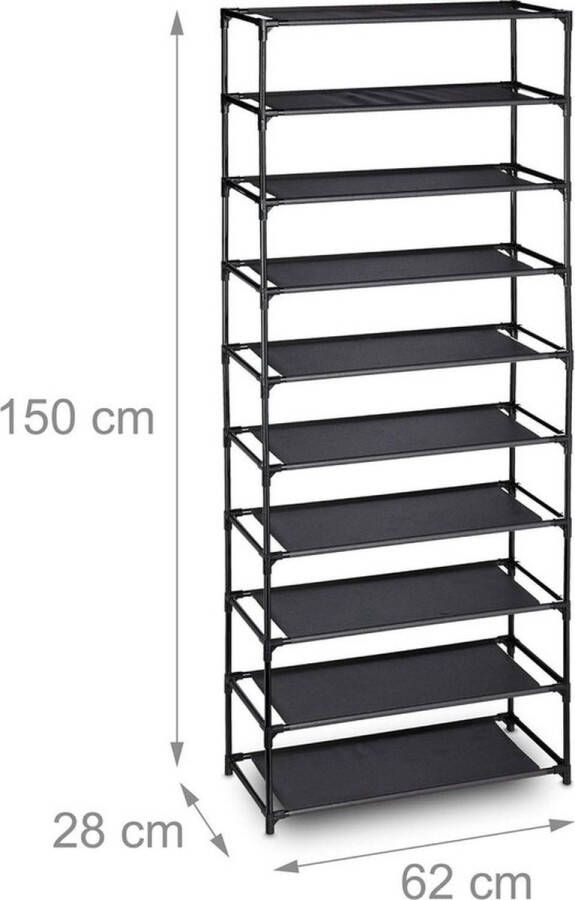 PolkaHome Stapelbaar Schoenenrek Hoge Schoenenkast Metaal 10 Etages 30 Paar Schoenen Zwart HBD 150x62x28 cm