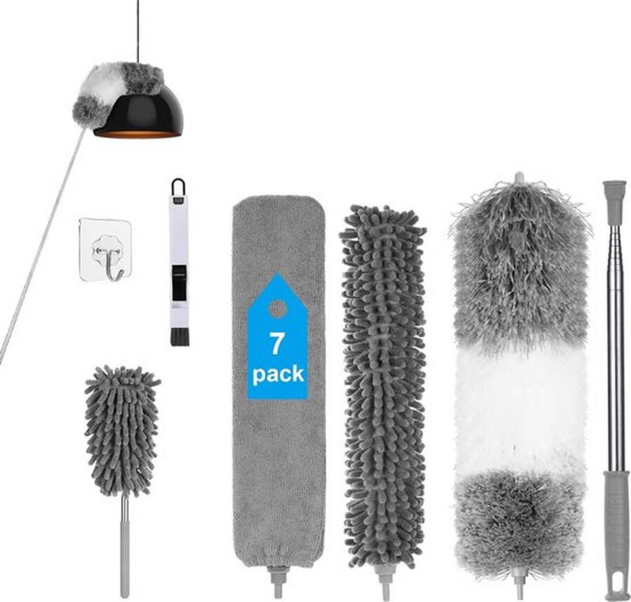 PolkaHome Stofwisser microvezel 7 stuks buigbare stofwisser telescoopsteel hoekbezem met roestvrijstalen telescoopstang en mini-raamreinigingsborstel microvezelstof tot 242 cm moeiteloos stof