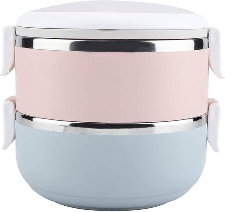 PolkaHome Thermo lunchbox draagbare broodtrommel van roestvrij staal roestvrije container bento box met handvat voedselcontainer voor school kantoor kan opnieuw worden gemonteerd (2 lagen 1400 ml)
