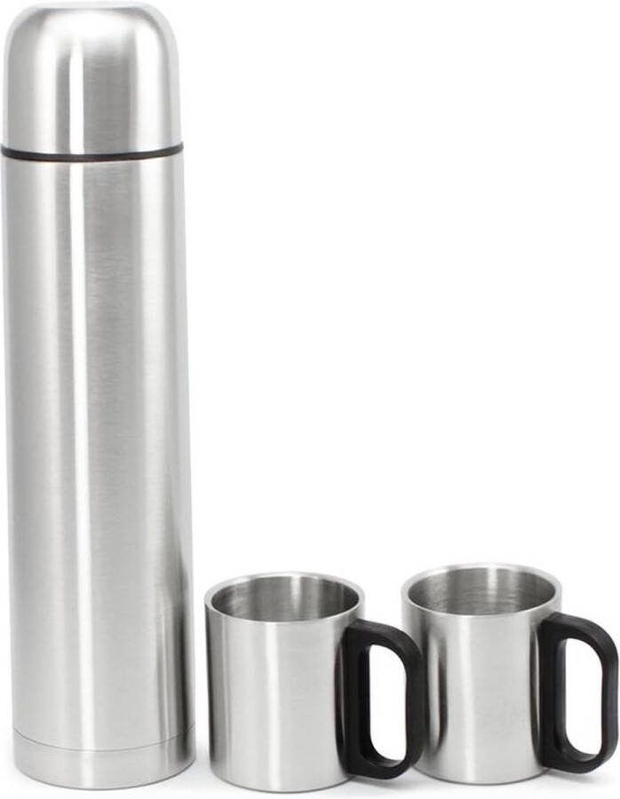 PolkaHome Thermosfles van roestvrij staal met bekers thermofles dubbelwandig thermoskan voor onderweg 1000 ml (01 stuks 1 liter + 2 bekers)