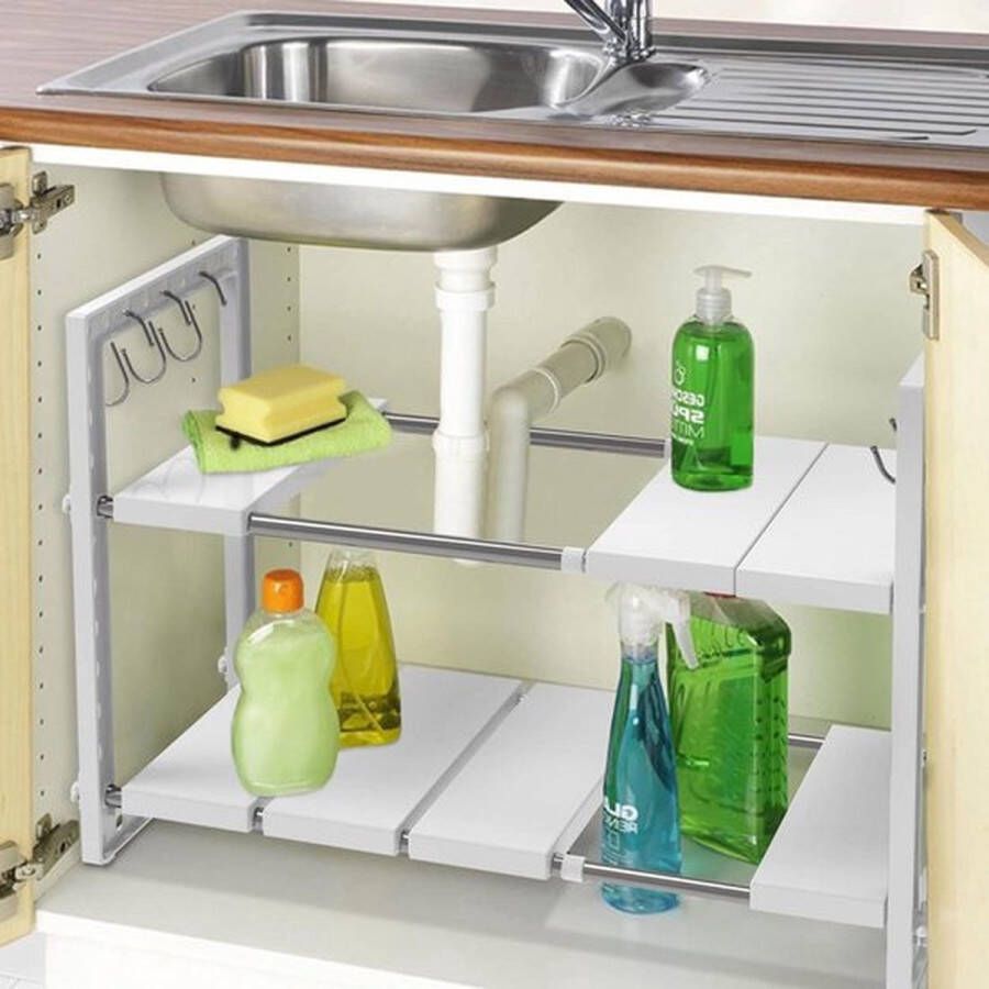 PolkaHome Uitbreidbare organizer voor onder de gootsteen 2-laags verstelbaar 10 verwijderbare panelen roestvrijstalen buizen met haken Gootsteen Organizer