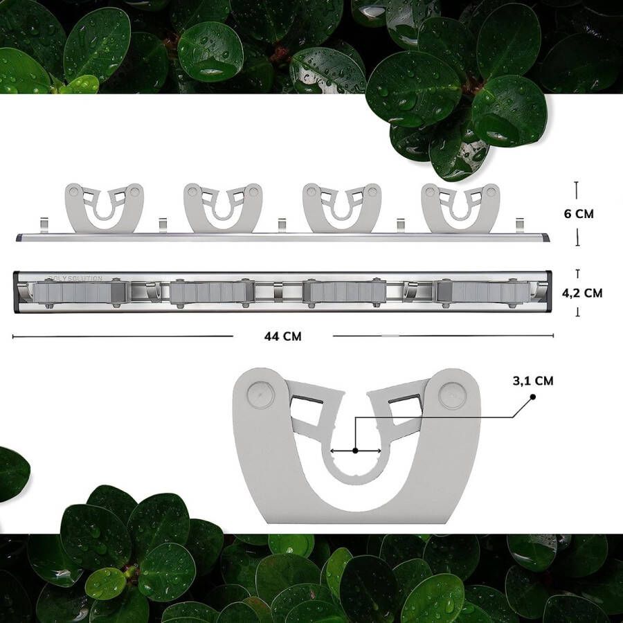 Poly Solution Bezemhouder muur met 4 houders en 5 haken apparaathouder muur robuuste tuingereedschaphouder wandhouder en bezem gereedschapshouder