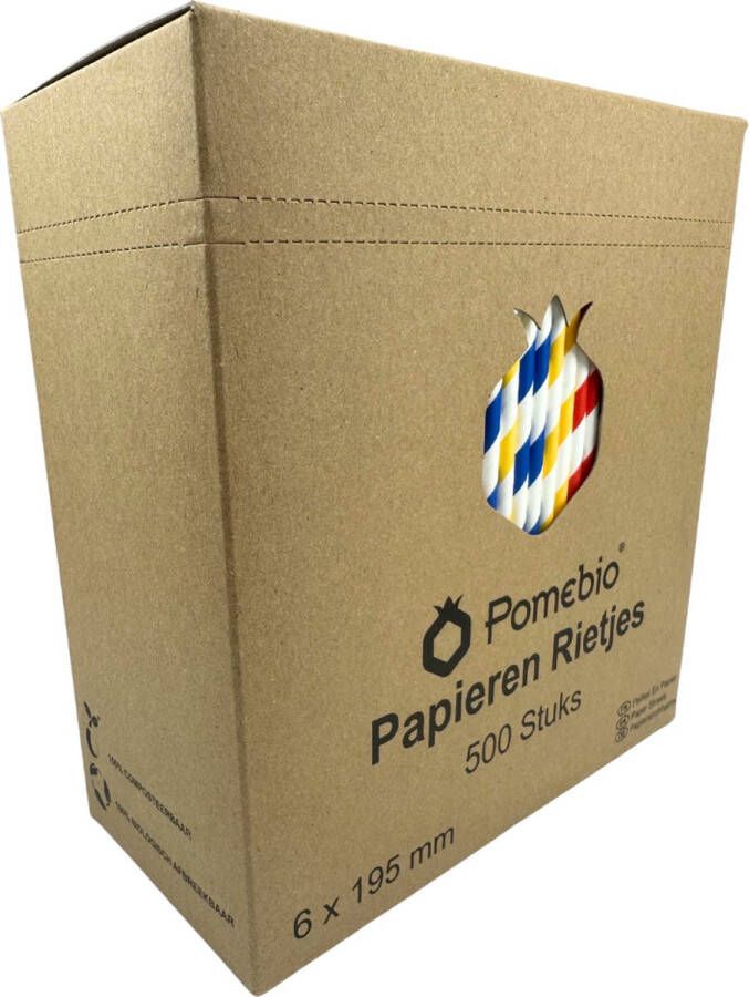 Pomebio Papieren Rietjes Gestreept 6x195 mm Doos à 500 Stuks