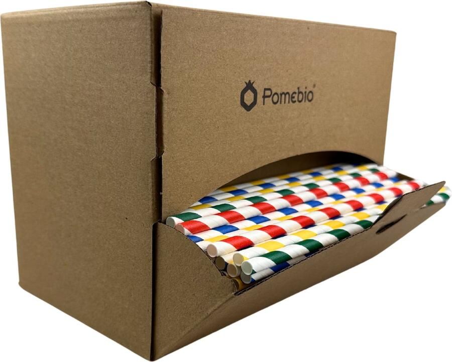 Pomebio Papieren Rietjes Gestreept 6x195 mm Dispenserbox à 500 stuks