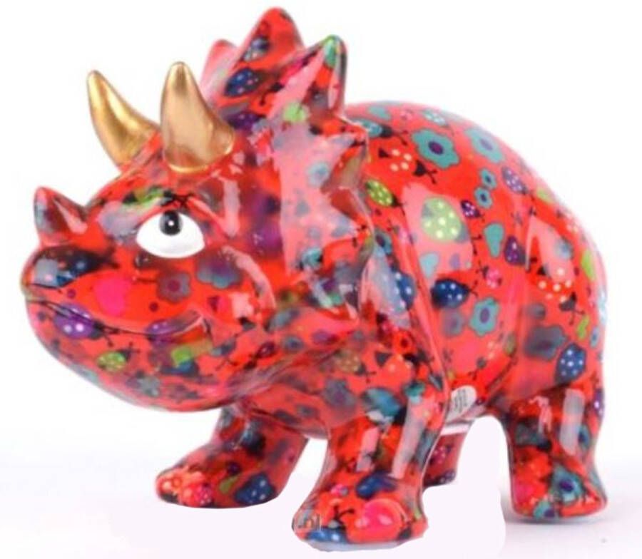 Pomme Pidou spaarpot dinosaurus Winston M rood met bloemetjes en lieveheersbeestjes