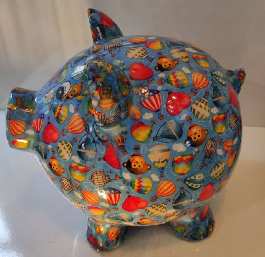 Pomme Pidou spaarpot varken 'Big Rosie' L blauw met luchtbalonnen 23x17x21cm