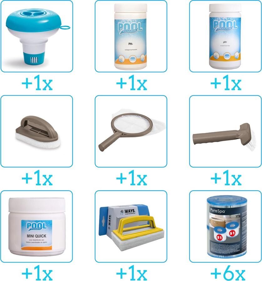 Pool Power Spa Onderhoudsset Compleet Onderhoudspakket bevat Chloor Scrubpad Schepnet Borstel Scrubborstel Filters Chloordrijver PH-min en PH-plus (9-delig)