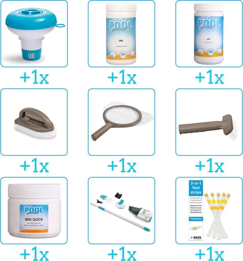 Pool Power Spa Onderhoudsset Compleet Onderhoudspakket bevat Chloor Scrubpad Schepnet Borstel Stofzuiger Testrips Chloordrijver PH-min en PH-plus (9-delig)