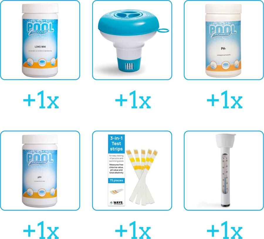 Pool Power Zwembad Onderhoudsset Startersset bevat Chloor Chloordrijver PH-min en PH-plus Testrips Thermometer Zwembad Onderhoud Starterspakket Chloortabletten Ideaal voor Opzetzwembaden Voor zwembaden van 2500 tot 25.000 liter (6-delig)