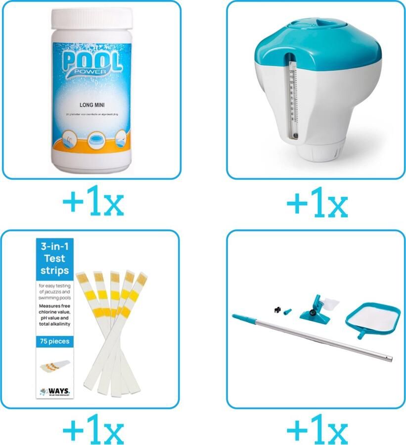 Pool Power Zwembad Onderhoudsset Startersset bevat Chloor Chloordrijver Testrips en Schoonmaakset Zwembad Onderhoud Starterspakket Chloortabletten Ideaal voor Opzetzwembaden Voor zwembaden van 2500 tot 25.000 liter (4-delig)